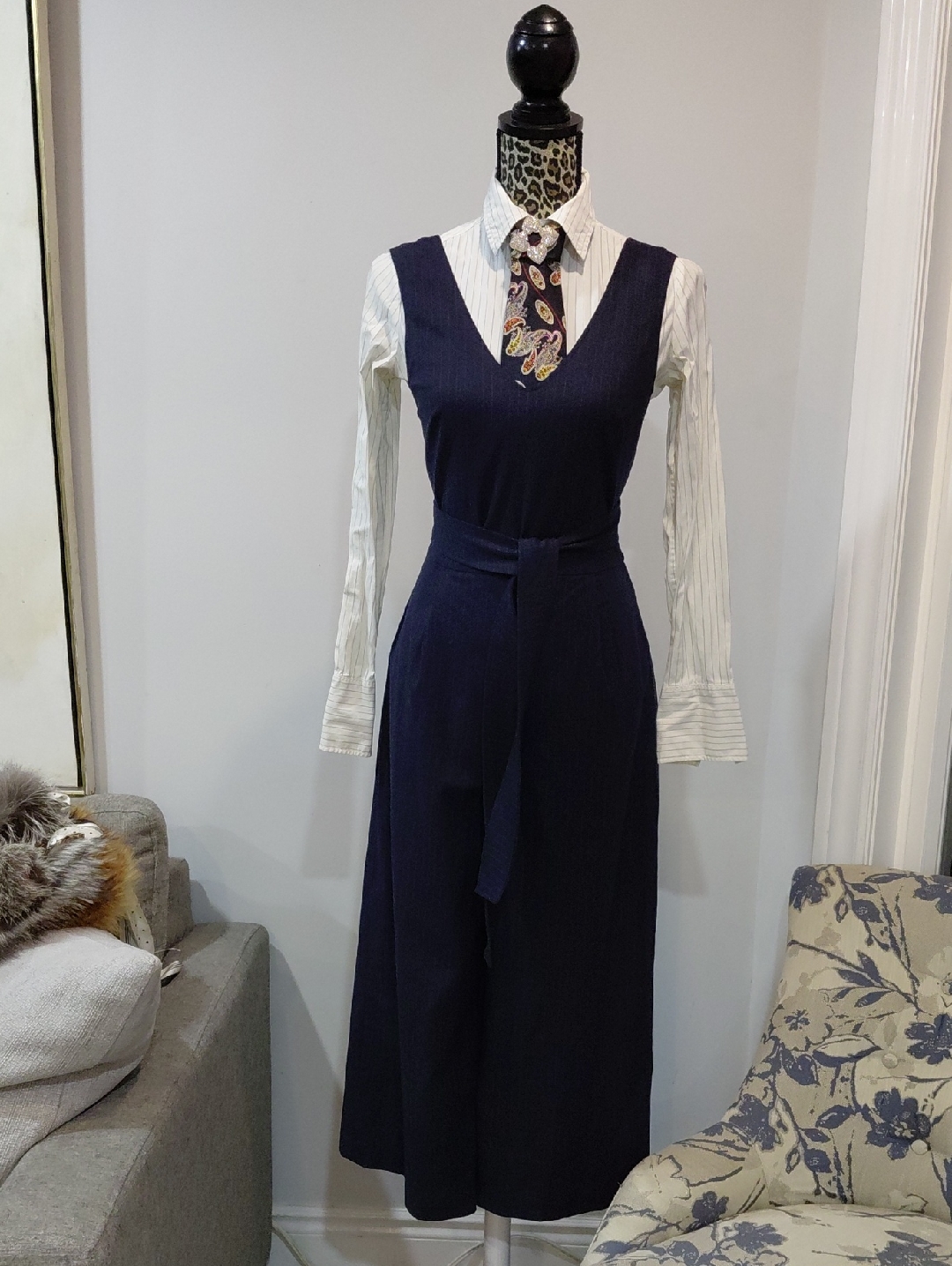 Navy V-Back Wide Leg Jumpsuit